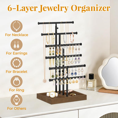 EsLuker.ly Necklace Earring Holder Organizer Display, Adjustable Jewelry Tree Stand with Stable Wooden Storage Base for Women Vendors, 6 Tier Large Bracelet Bangle Rack Tower, Stress-Free Mornings