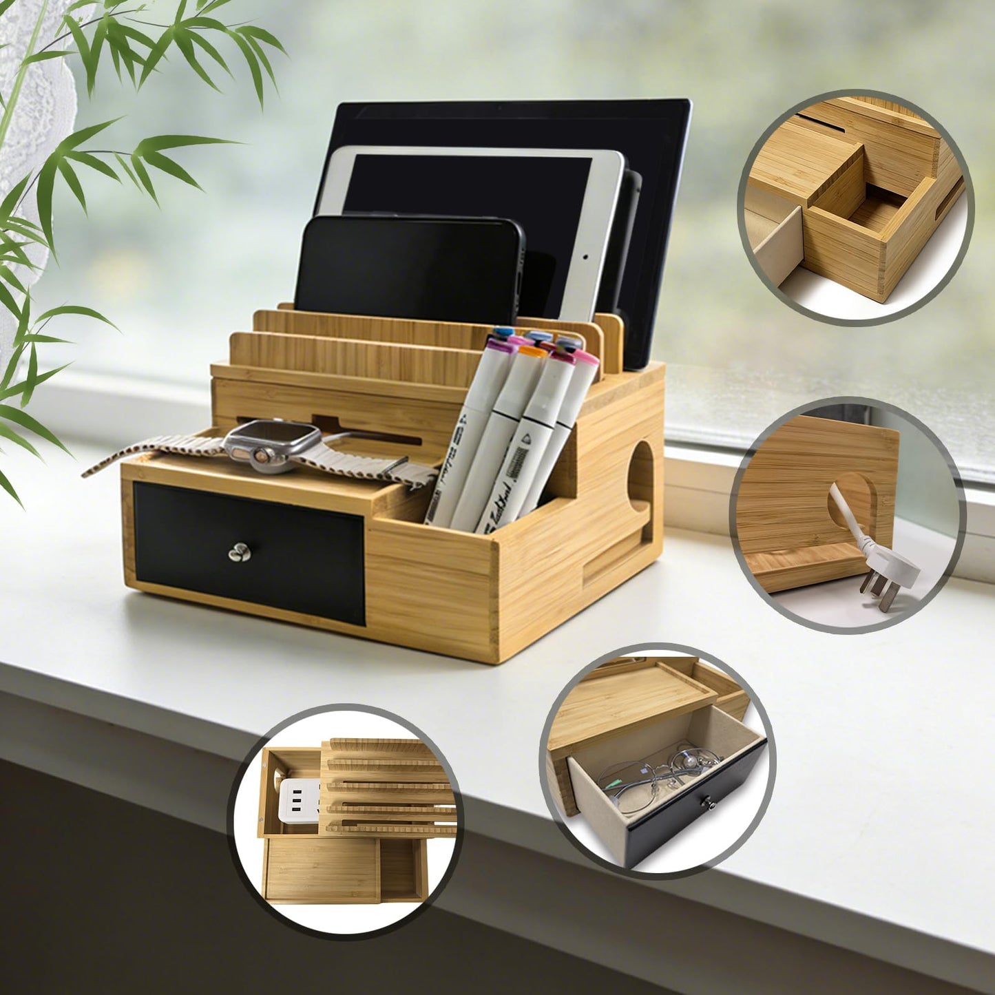 PERFECYEE Bamboo Charging Organizer for Multi-Devices, with Drawer and Pen Holder, Nightstand Desk Charging Stations Electronic Organizer for Cell Phone, Tablet, Etc (with 5-Cable, No USB Charger)