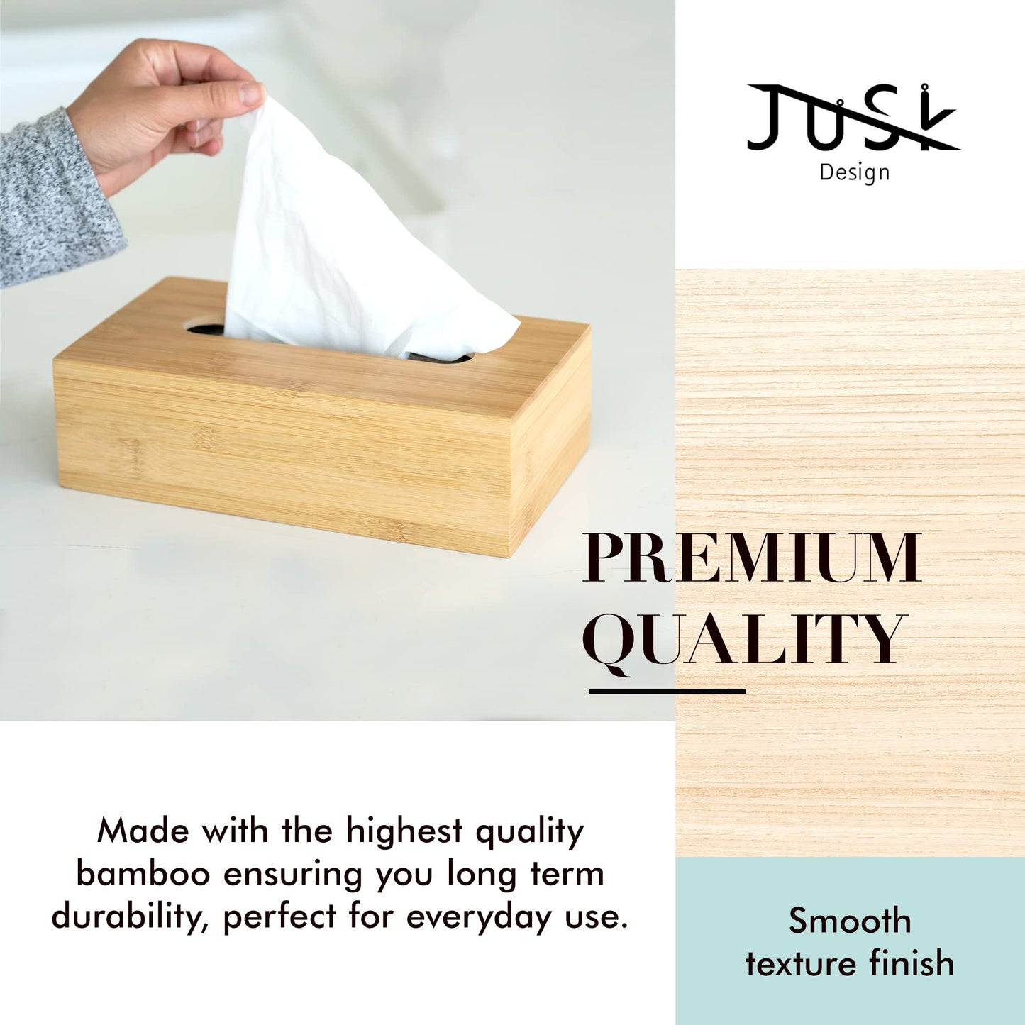 JUSK Design Tissue Box Holder - Modern, Minimalist, and Durable Wooden Tissue Box with Sliding Bottom, Easy-Refill- Premium-Quality Bamboo Tissue Box Cover, Fits 120-Count Box, Short Rectangular