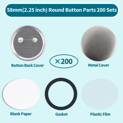 Happizza 200 Sets 58mm(2.25 in) Metal Round Button Supplies Buttons Making Parts, Pin Maker Parts Badge Supplies for ButtonsMaker, Including Metal Shells Back Cover, Clear Film&Blank Paper&Gasket