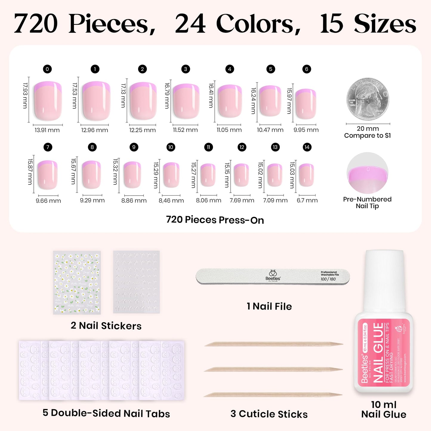 Beetles Press on Nails Kit 720Pcs 24 Colors, Press on Nails Short Almond Glossy Matte Glitter With Nail Glue & Nail Tabs Stickers, Natural Fit Lightweight Fake Nails Kit Art For Women Girls