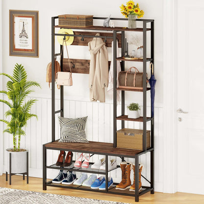 BON AUGURE Tall TV Stand for TVs up to 65 Inch, Hall Tree with Shoe Storage, 5-in-1 Reversible Entryway Bench, Media Console for Living Room and Bedroom