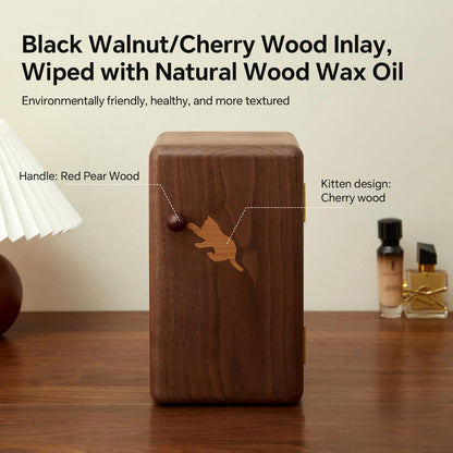 THFLSTR Black Walnut Solid Wood Cabinet Jewelry Box for Women, Large Velvet Lined Organizer with 6 Drawers, Cherry Wood Cat Inlays, Rosewood Handles, Gift for Her