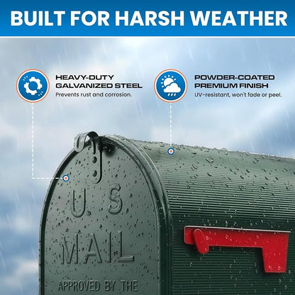 Plexon Jumbo Size Rural Mailbox, 3175 cu-in Capacity, Galvanized Steel, Powder-Coated, 15 in. H x 11.69 in. W x 24.82 in. L, Green, Extra Large