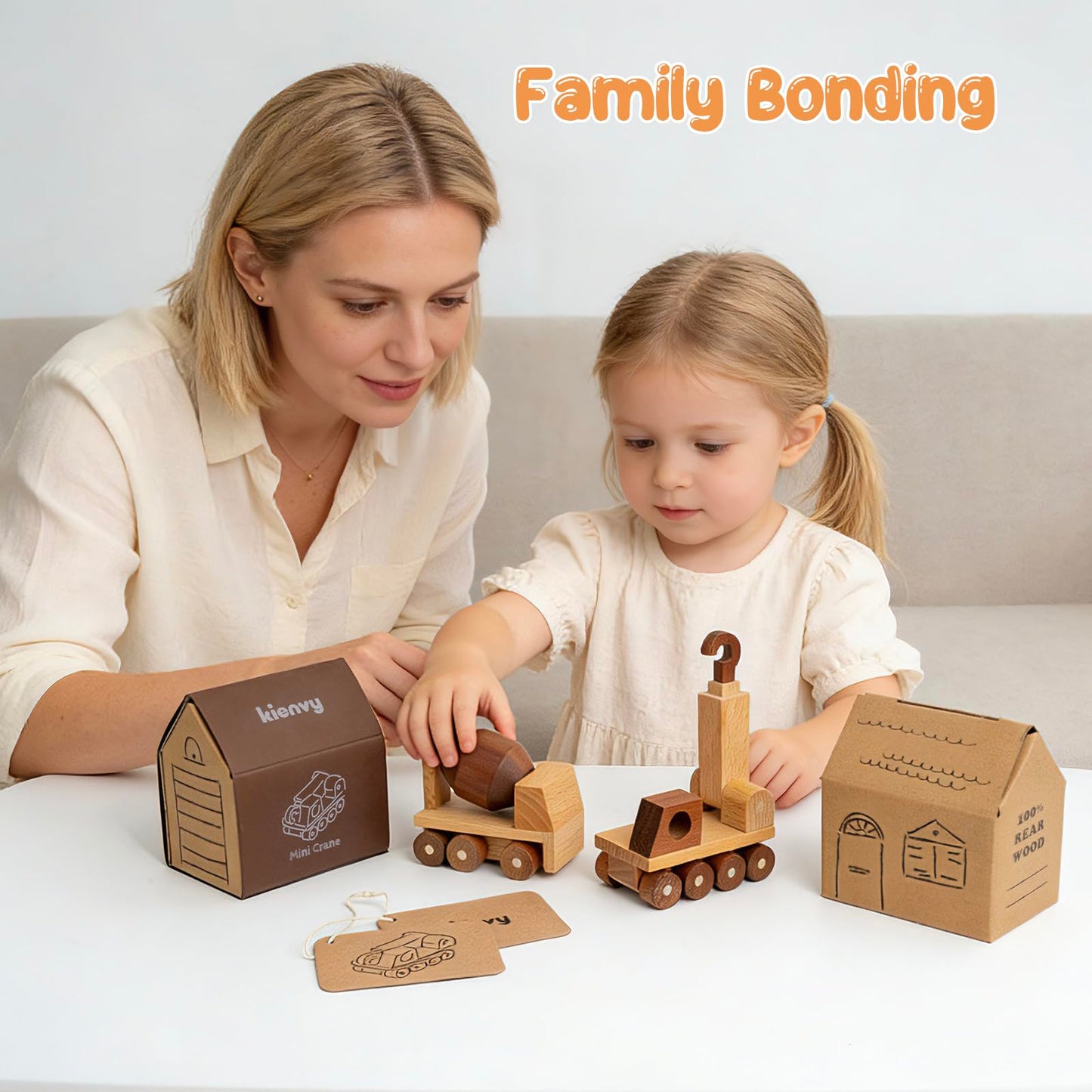 kienvy Wooden Toy Cars for 3 Year Old Boys & Girls - Construction Vehicles Set Push Toys for Toddlers, Wood Montessori Car with Rolling Wheels, Natural Wood Toys (Crane & Concrete Mixer Truck)