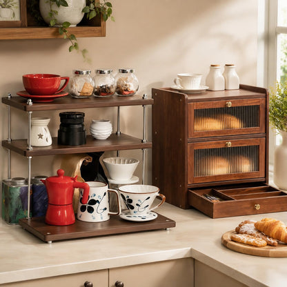 CheerNest Solid Wood Bread Box and 3 Tier Coffee Bar Rack for Kitchen Countertop, Brown