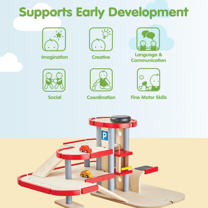 PlanToys® Parking Garage Wooden Montessori Imaginative and Creative Play Set | Problem Solving, Social Interaction and Early Coordination Activity | Eco Friendly Vehicle and Ramp Play Set