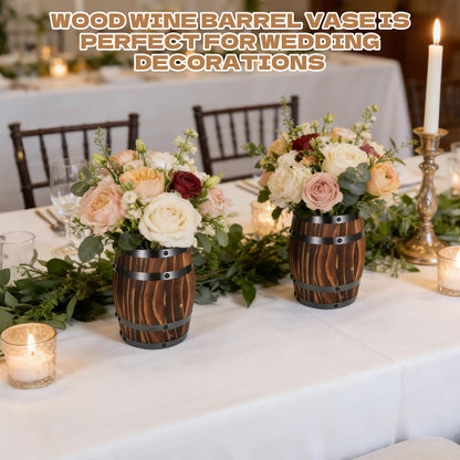2 Pcs Wood Wine Barrel Vase Set Wooden Flower Planters Rustic Barrel Flower Vase Container for Home Indoor Outdoor Garden Kitchen Wedding Reception Party Table Decoration