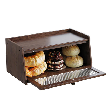 K KELBEL Bamboo Bread Box for Kitchen Counter, Wooden Large Capacity Bread Storage Bin with Window Bread Holder (Single Layer Brown)