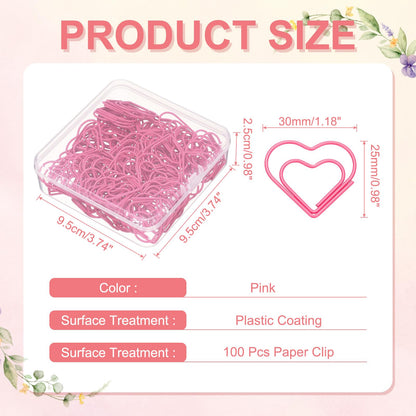 PATIKIL 100 Pcs Heart Shape Paper Clip, Metal Cute Small Paper Clamp Clips for Office Supplies Craft Scrapbook Document Note Sorting, Plastic Coating, Pink