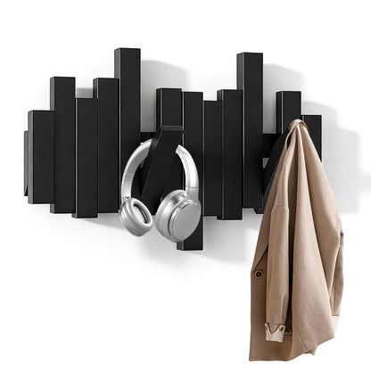 BWCXR Wall Mounted Wooden Coat Rack with Flip-Down Piano Key Hooks, Hardwood Heavy Duty Wall Hook Rack with Hidden Mount for Entryway, Coats, Bags & Hats, Black 4 Hooks