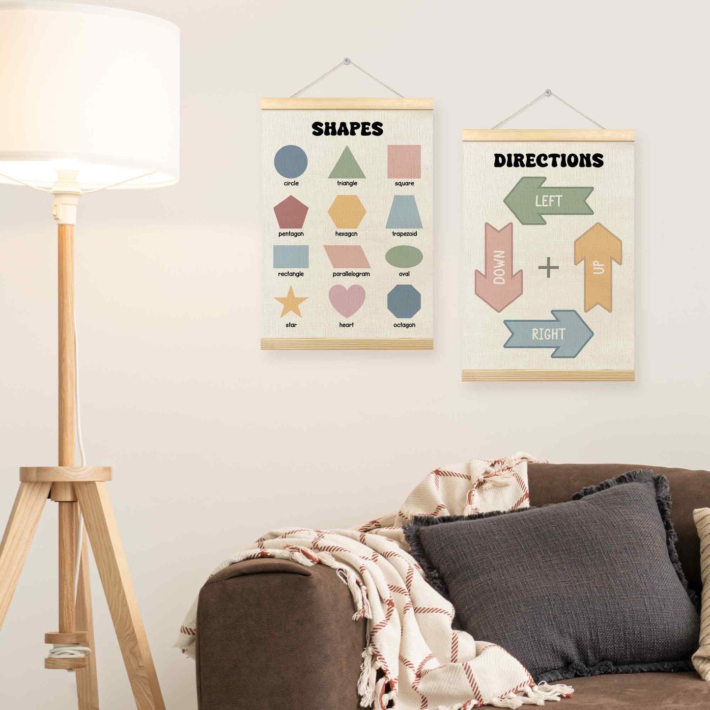 TLESKE Shapes Directions Chart Poster Hanger Frame for Toddler Kid Classroom Set of 2, Homeschool Hanging Wall Art Decor for Nursery Playroom, Preschool Prek Learning Educational Poster, 12x16