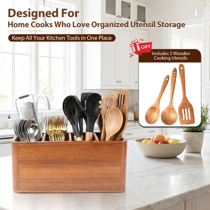 powerful xishan Kitchen Utensil Holder for Countertop with 3-Piece Wooden Utensil Set, Extra Large Acacia Wood Utensil Organizer, 4-Compartment Storage for Cooking Utensils, Silverware and Cutlery