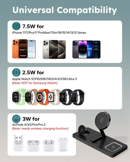 Foldable 3 in 1 Charging Station for Magsafe, Magnetic Phone and Watch Charger Stand for Apple Devices, Wireless Desk Charger Dock for iPhone 17 16 15 14 13 12 Series, Apple Watch and Airpods