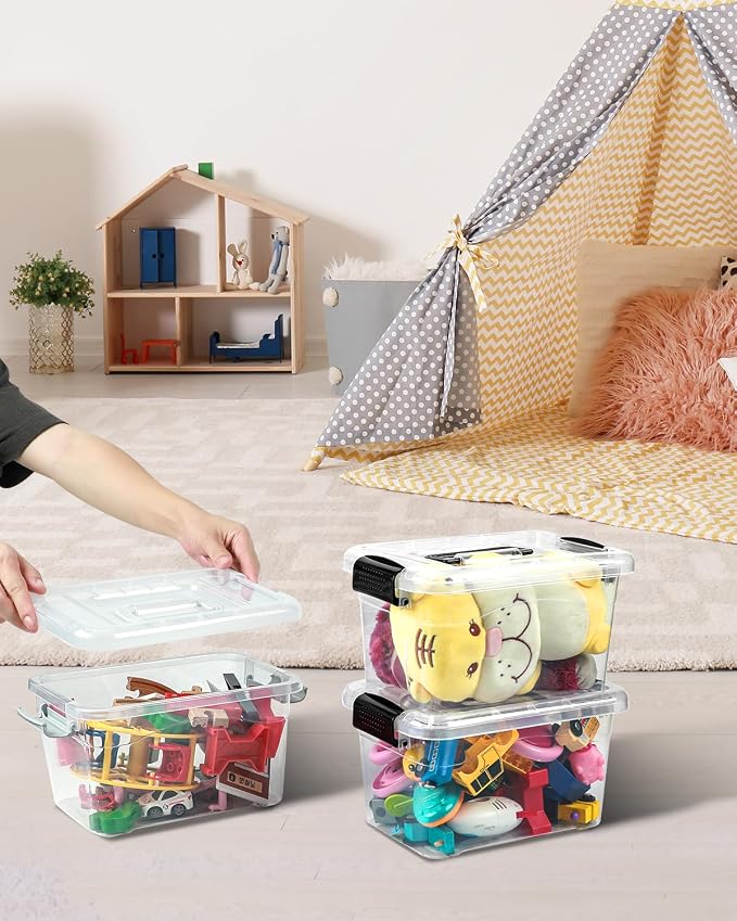 EOENVIVS Plastic Storage Bins 7 Quart-Storage Organizer Bins with Grey Buckle Lids, Stackable Storage Bins with Lids for Home Office Kids Room Closet School Art Supplies Organization,6 Packs, Clear