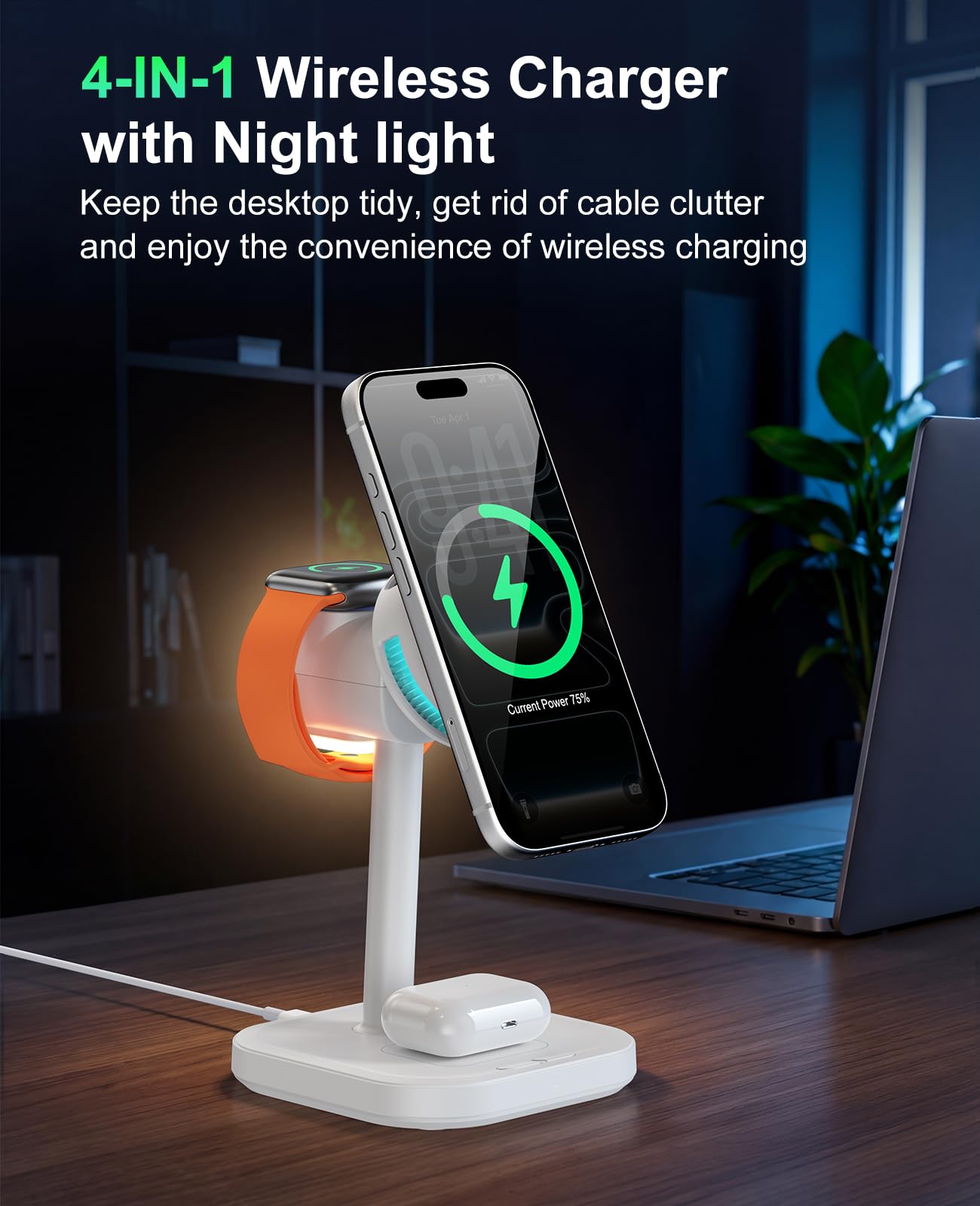 2026 New 25W Qi2.2 4-in-1 Charging Station with TEC Active Cooling and Night Light,Magnetic Fast Wireless Charger Stand for MagSafe Charger,iPhone 17-12,Apple Watch,AirPods|Gifts for Fathers Day