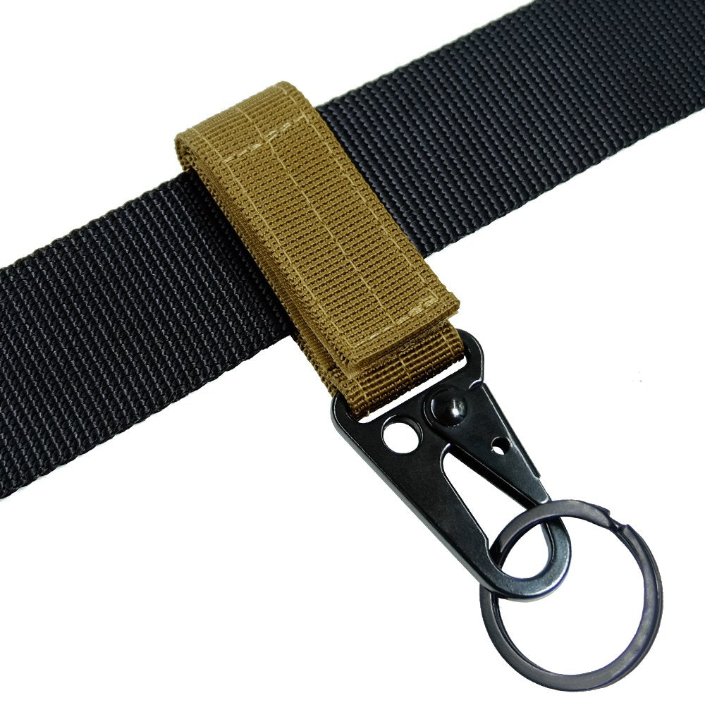 FAIRWIN Tactical Gear Clip, Nylon Key Ring Holder or Tactical Belt Keepers Military Utility Hanger Carabiner Tactical Molle Hook, Black, Tan, Green(Tan,4.2 inch L and 1 inch W)