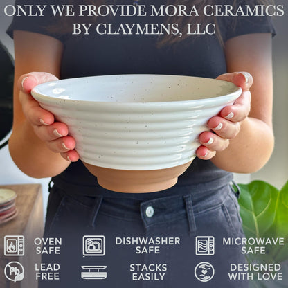 MORA Ceramic Ramen Bowl Set of 2, 45oz - Great for Pho, Miso Udon Soup, Instant Noodles, Serving, Thai or Asian Food - Microwave Safe Large Japanese Noodle Bowls, Modern Kitchen - Vanilla White