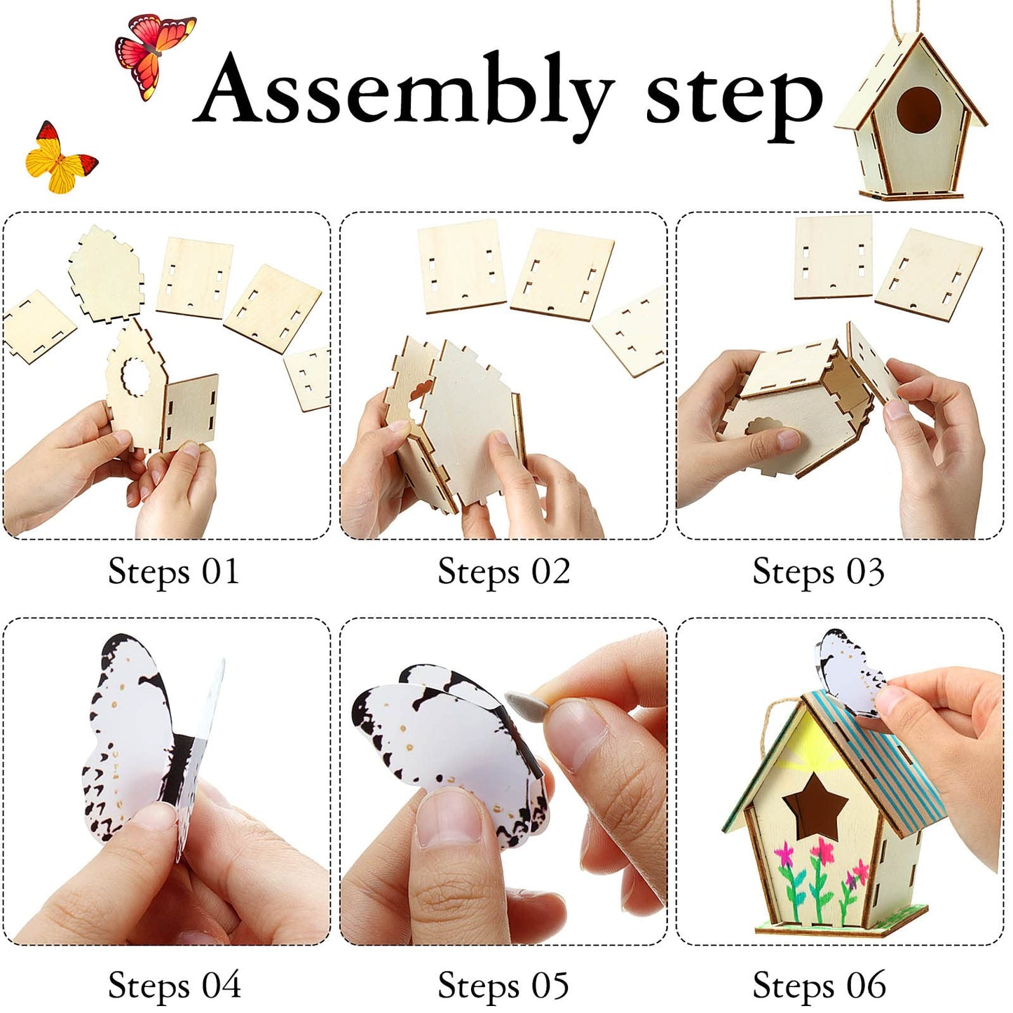 Outus 24 Pcs Wooden DIY Birdhouse Kits for Kids to Build, 4 Shapes Birdhouse Kit Wooden Unfinished with Butterfly Sticker for Boy Girl Arts Crafts(Vintage)