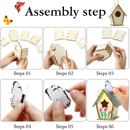 Outus 24 Pcs Wooden DIY Birdhouse Kits for Kids to Build, 4 Shapes Birdhouse Kit Wooden Unfinished with Butterfly Sticker for Boy Girl Arts Crafts(Vintage)