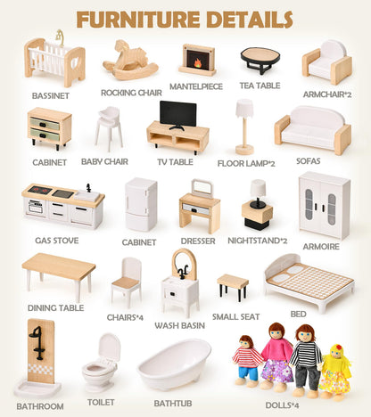 Toyssa Dollhouse Furniture Set, 36PCS Beech Wood and Plastic Miniature Doll House Accessories with Modern 5 Rooms & 4 Flexible Family Dolls, Pretend Play Toys Birthday Gift for Toddlers 3 4 5 6