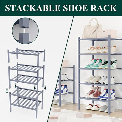 Smiry Small Bamboo Shoe Rack, 3 Tier Free Standing Wooden Shoe Organizer, Stackable Wood Shoe Storage Shelf for Closet, Entryway, 12 Vertical Slats, 2+1 Stack Standard Legs, 17.3"x11"x19.5", Grey