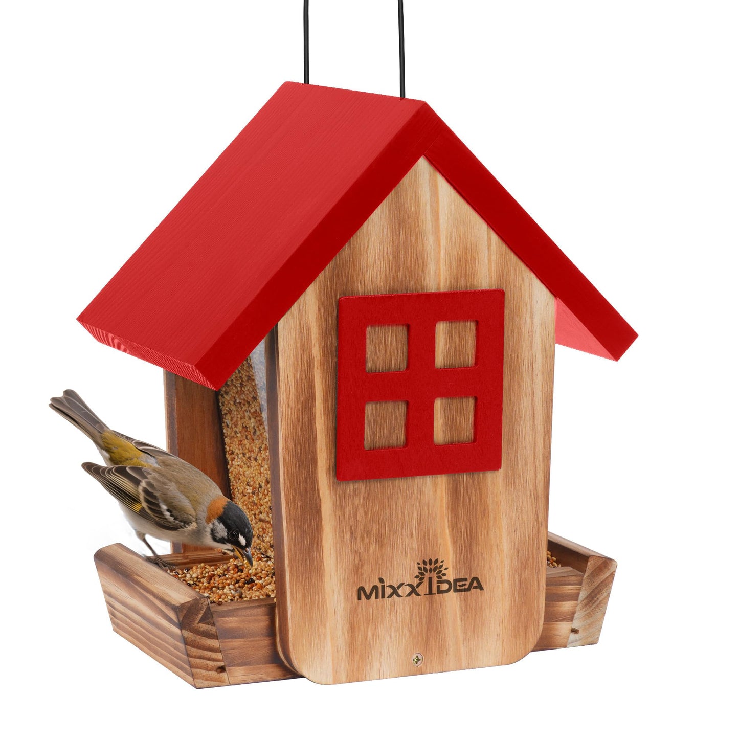 MIXXIDEA Bird Feeder for Outdoors Hanging, Wooden Bird Feeder House with Weatherproof Roof & Metal Tray, Attracting Wild Birds for Outside, Yard, Garden Decoration, Red