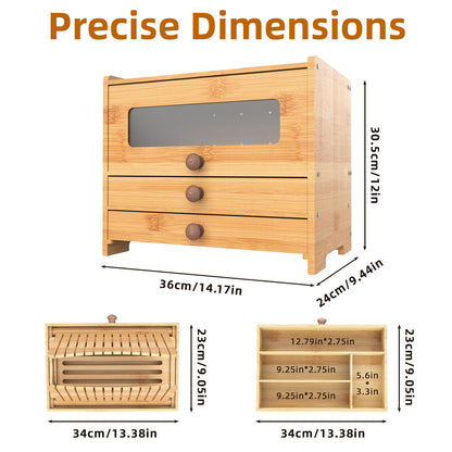 Aromfentu Bamboo Bread Box for Kitchen Countertop & Dining Room,Wooden Storage with Display Compartment & Built-in Bread Slicer,Eco-Friendly Organizer for Homemakers, Bakers & Bread Lovers ﻿