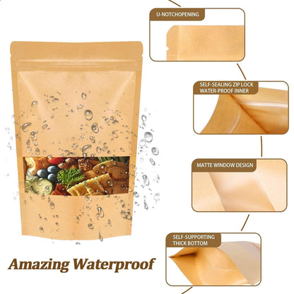 Kraft Paper Bags with Window 100 Pack - Resealable Food Grade Brown Pouches, 5.5x7.9 Inch Eco-Friendly Stand Up Packaging Bags for Coffee, Bakeries, Retail Displays & Small Business Storage