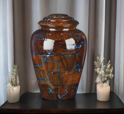 Rosewood Cremation Urns for Human Ashes Adult Male Female, Wooden Urns for Pets Ashes (Large - 200 lbs, Blue Resin)