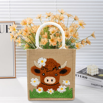 PUNICA Punch Needle Kits for Beginners with Highland Cow Pattern - Burlap Tote Bag for Adults & Kids, DIY Embroidery Starter Kit | Easy Craft Gifts (9x6.5x8.5 Inch)