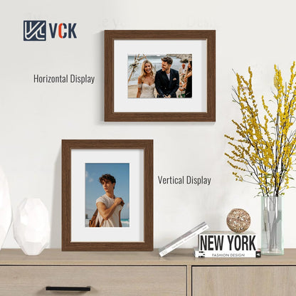 VCK 8x10 Picture Frame with Glass - 4 Pack, Display Pictures 5x7 with Mat or 8 x 10 without Mat - Wall and Tabletop, 8 by 10 Photo Brown Wooden Frames