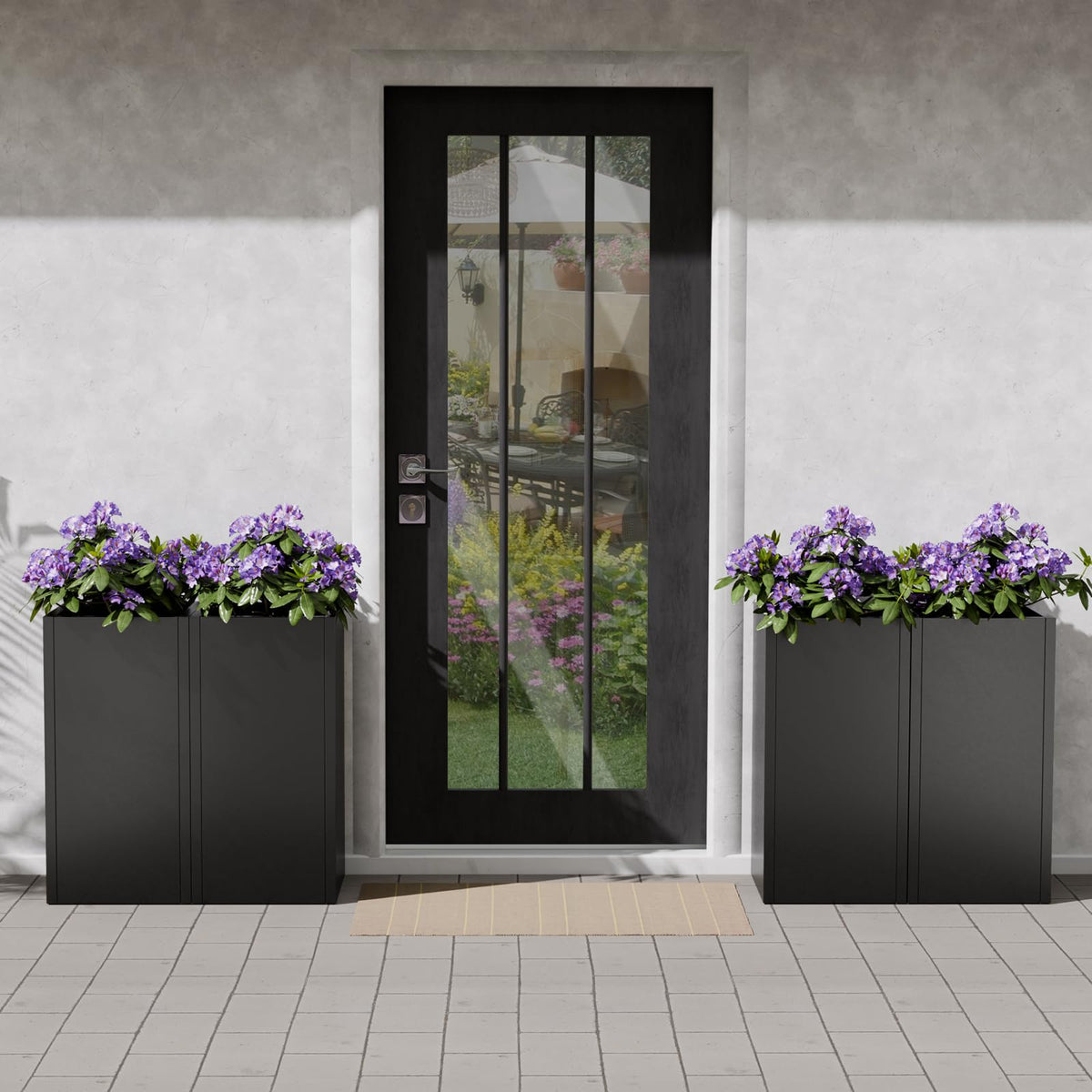 Diyfire Black Tall Metal Planters Box for Outdoor Plants 4 Pack- 23.6" H Steel Tall Square Planter with Removable Insert Shelf, Modern Heavy Duty Pedestal Planter Front Porch Decor Patio Garden