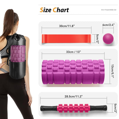5 in1 Foam Roller Set, Trigger Point Foam Roller, Massage Roller Stick, Massage Ball, Resistance Band for Deep Muscle Massage Pilates Yoga,Fitness Exercise for Whole Body (Black-Red)