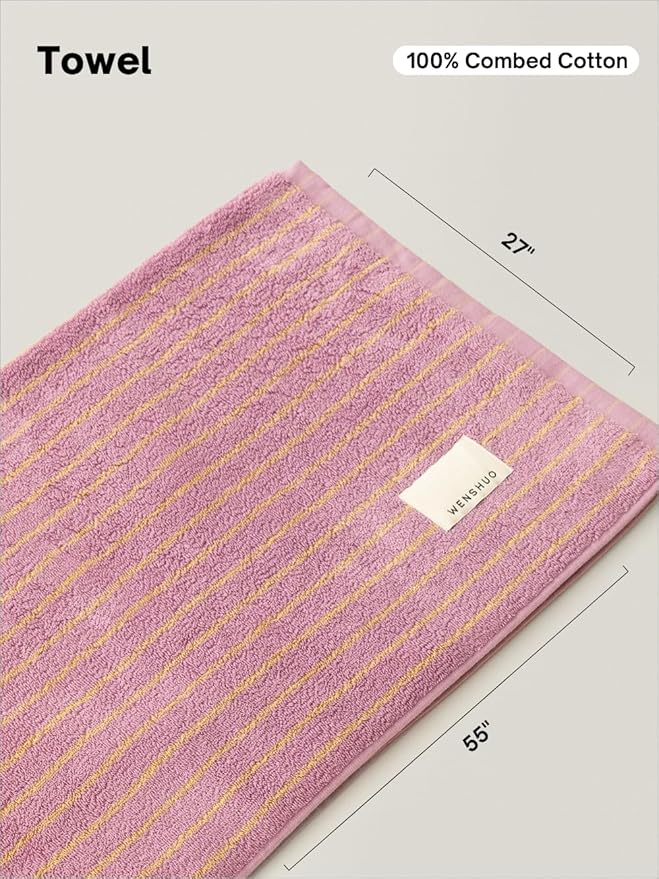 WENSHUO Bubble Purple Tulips-Striped Pure Cotton Bath Towel, 100% Combed Cotton