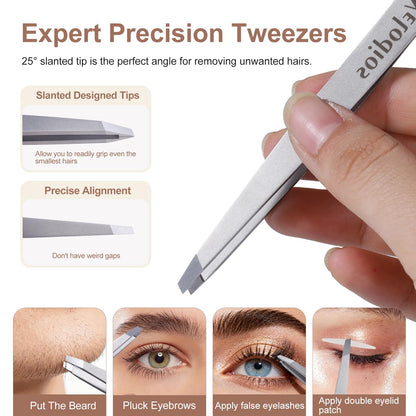 Velodios Tweezers for Eyebrows, Pointed Tweezers for Women Facial Hair, Ingrown Hair Removal, Slanted and Pointed Tip Tweezers Set with PU Travel Case, Premium Stainless Steel