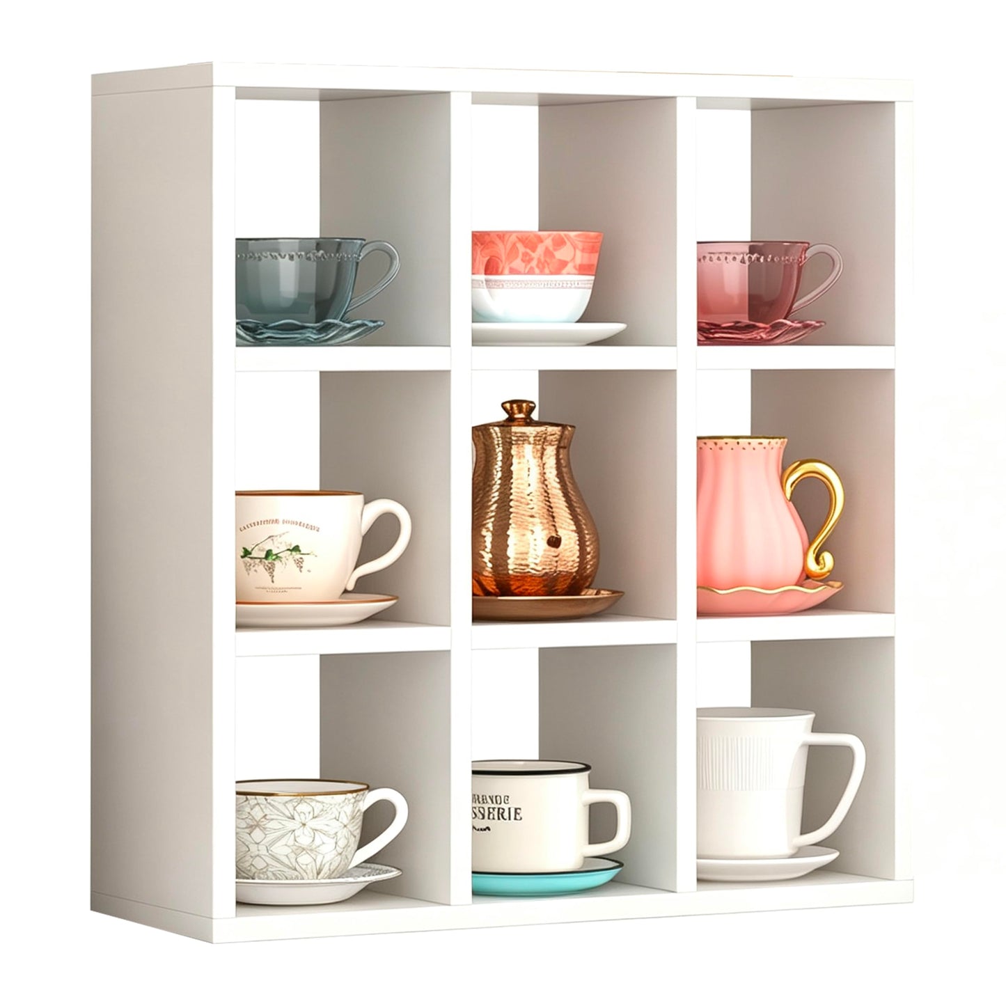 Helsin 9 Grid Vintage Coffee Mug Display Rack, 16inch Wall Mounted Wooden Curio Shadow Box Shelf, Cup Floating Shelves Display and Organizer (White)