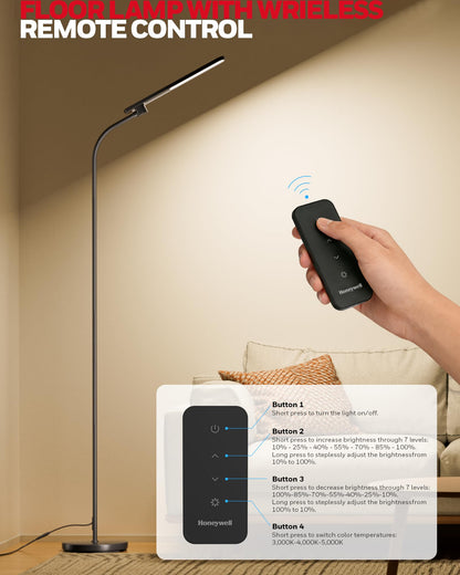 Honeywell LED Floor Lamp with Remote, CRI97 Full Spectrum Eye-Caring Reading Lamp, Stepless Dimmable 3000K-5000K Task Floor Lamp with Flexible Gooseneck for Living Room, Bedroom, Office