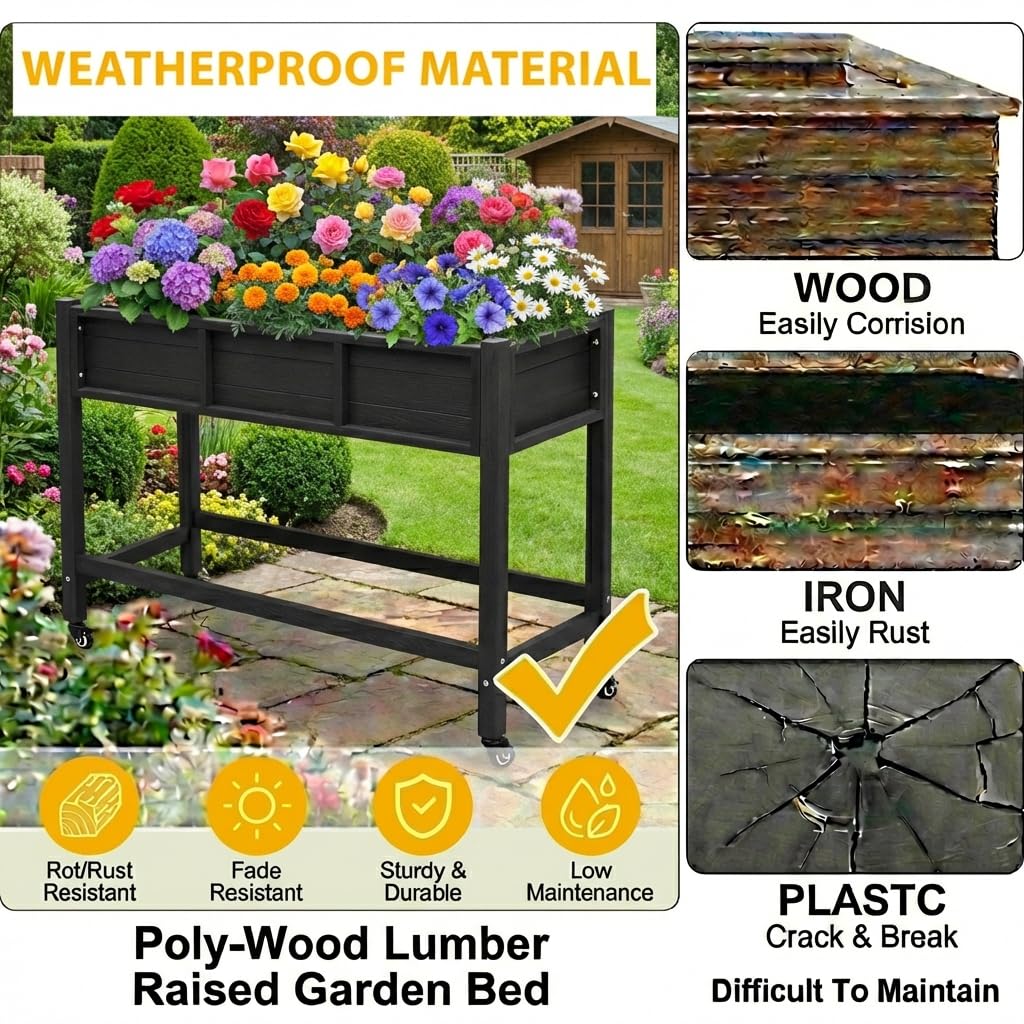 DWVO 47x18x31in Raised Garden Bed HDPE, Weather-Resistant Poly Wood Planter Box Stand, Planter Box with Legs & Lockable Wheels, Elevated Garden Bed for Backyard Patio Balcony - Black