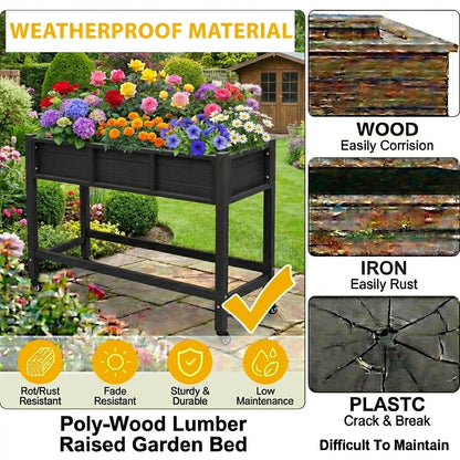 DWVO 47x18x31in Raised Garden Bed HDPE, Weather-Resistant Poly Wood Planter Box Stand, Planter Box with Legs & Lockable Wheels, Elevated Garden Bed for Backyard Patio Balcony - Black