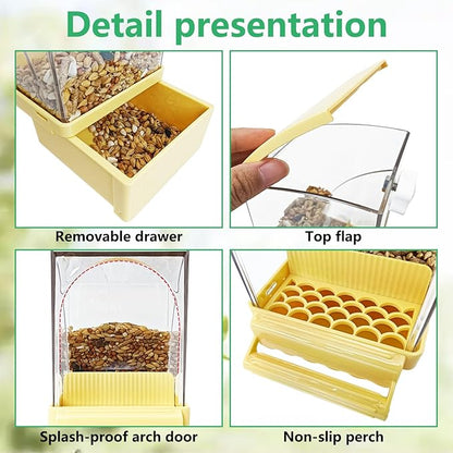 Hamiledyi 2Pcs Automatic Bird Feeder No Mess Bird Cage Feeder Transparent Acrylic Parrot Seed Food Container with Perch Cage Accessories for Parakeet Finch Lovebirds Budgies Canary (Yellow)