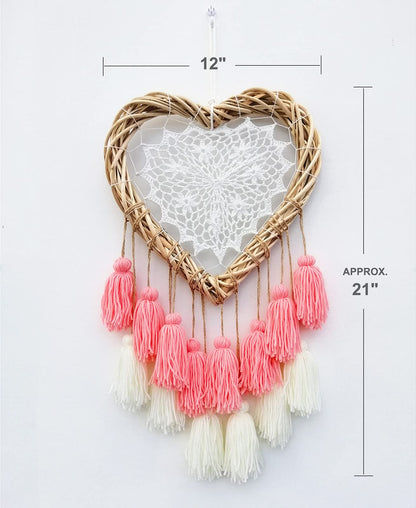 LVOPO Wall Hanging with Pink Tassels, Boho Baby Girls Room Wall Decor, Kids Nursery Decoration, Handmade Rattan Woven & Soft Cotton Cute Wall Art Backdrop, Chic Birthday Gift