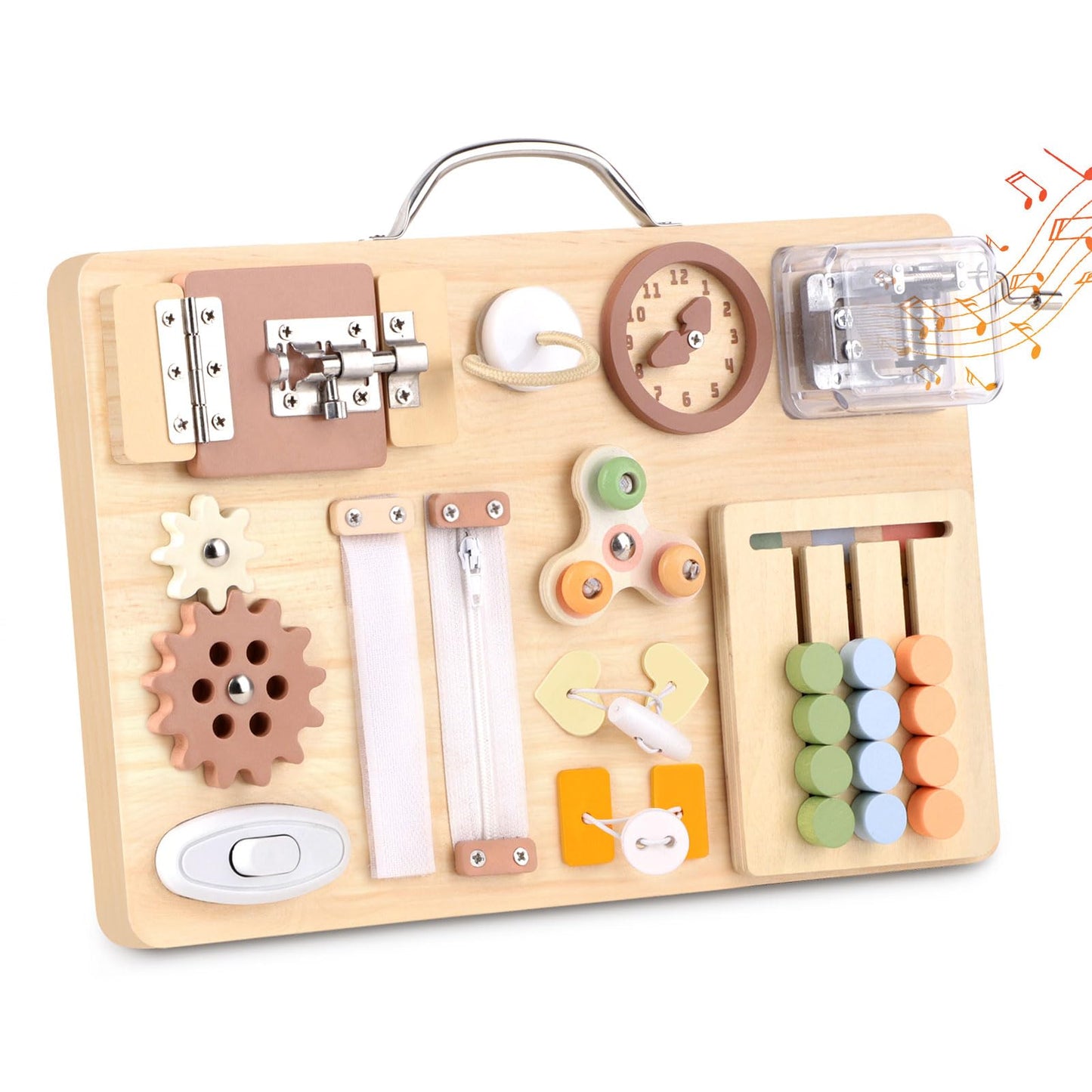 Hoarosall Montessori Busy Board for Toddlers 16-in-1 Wooden Sensory Activity Board with Music Box Fine Motor Skills Learning Toy Preschool Educational Travel Gift for Boys Girls Ages 1-3