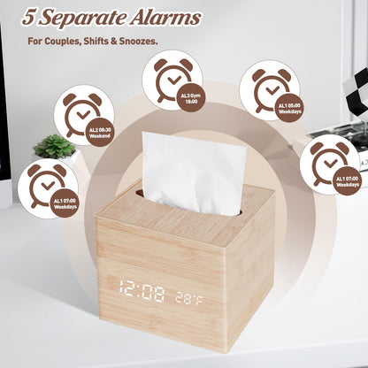ANHUXINLEI Wooden Tissue Box Cover - Digital Square Holder with Dimmable Alarm Clock, Temperature and Date Display - Cordless Home Decor for Office Desk, Nightstand and Bedroom Organization