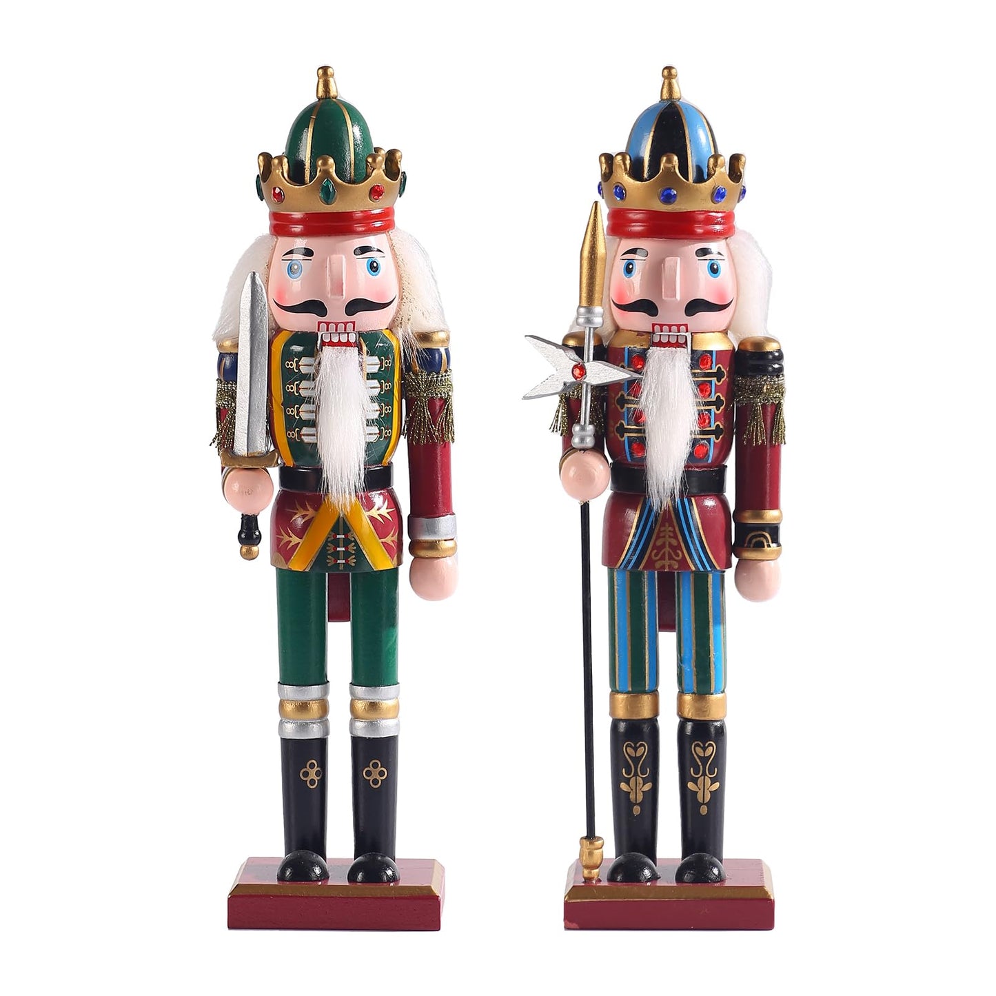 KoolShare 12-Inch Christmas Nutcracker Figurines, Set of 2 Traditional Wooden King & Soldier with Sword & Spear, Handcrafted Standing Holiday Decorations for Fireplace, Shelf, or Tabletop Display