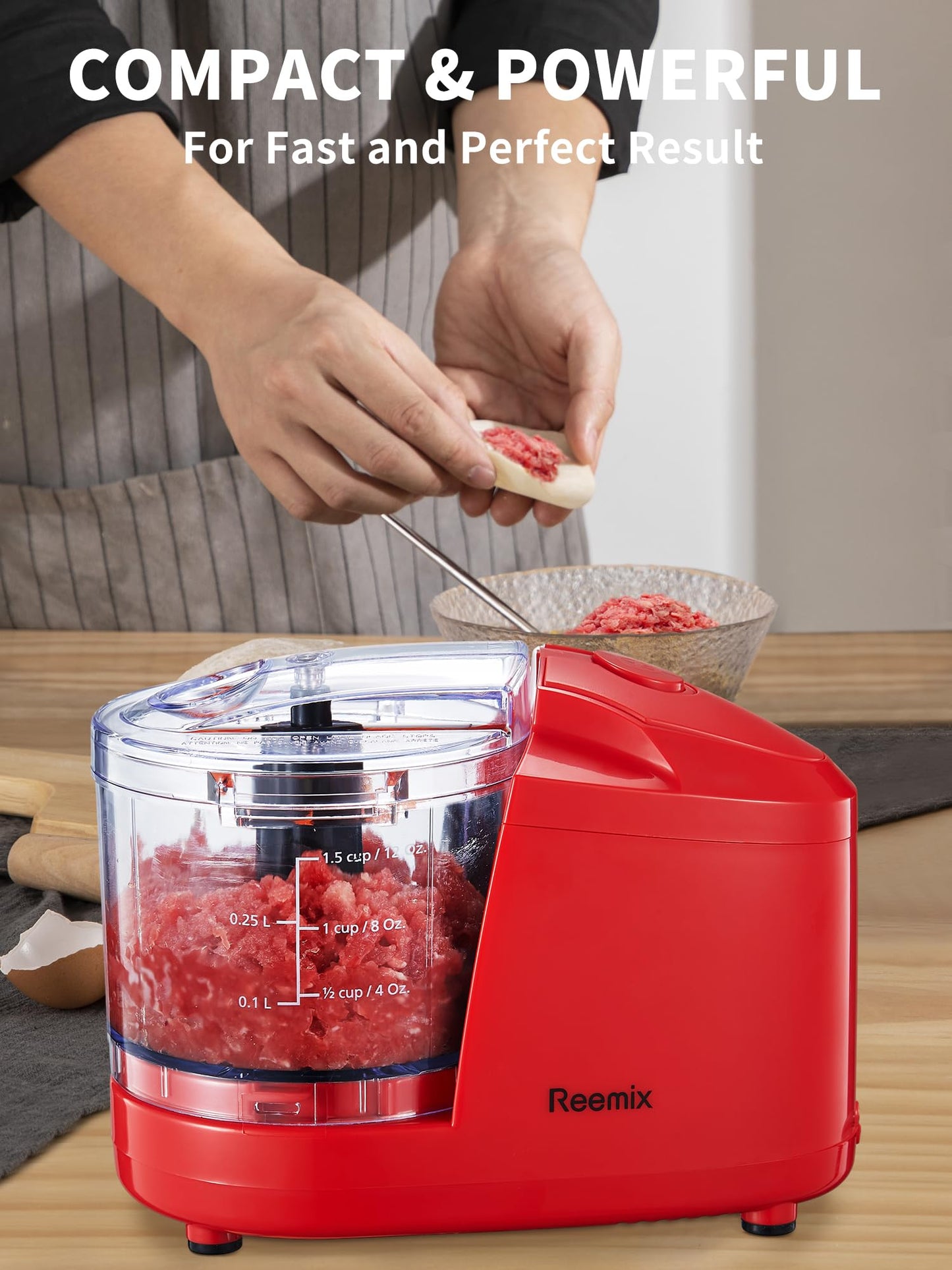 Reemix 1.5-Cup One-Touch Electric Food Chopper, 100W Mini Food Processor Meat Grinder, Mix, Chop, Mince and Blend Vegetables, Fruits, Nuts, Meats, Stainless Steel Blade (Black)
