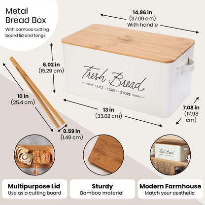 Talented Kitchen Countertop Bread Box - White Metal, Airtight Storage Container with Wood Cutting Board Lid & Side Handles - Wood Tongs Included - Bread Storage Container for Kitchen Organization