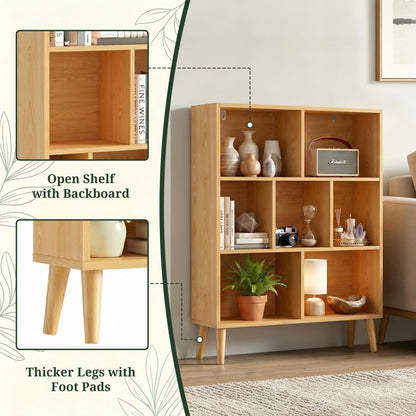 SageNest 7 Cube Bookshelf, 3 Tier Mid-Century Modern Bookcase with Wooden Legs, Heavy Duty Cubby Storage Organizer Display Shelf for Living Room, Bedroom & Office, Deep Natural
