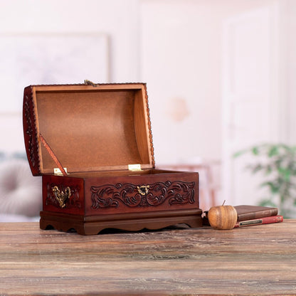 NOVICA Colonial Theme Mohena Wood and Tooled Leather Jewelry Box, 'Colonial Legacy'