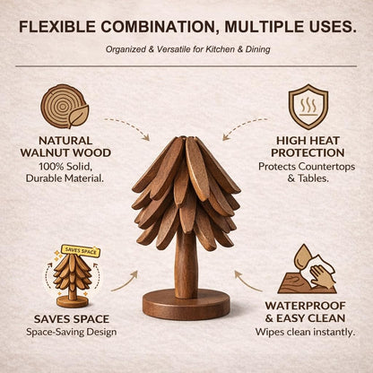 Wooden Trivets for Hot Dishes, Foldable Tree Trivet Set with Stand, 4-Layer Walnut Wood Trivet for Pots, Pans, Coffee & Teapot, Space Saving Table Protector for RV, Decorative Kitchen Decor & Gift